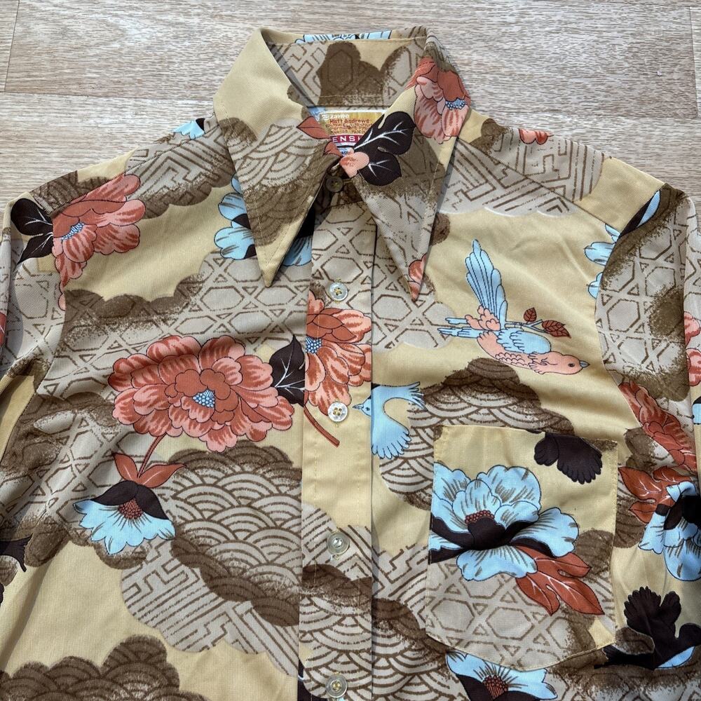 Vintage 70s Zayre Matt Andrews NAVY Bird DISCO Shirt 70s Novelty Print Nylon M